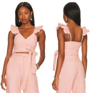 NWT Karina Grimaldi Linen Wrap Tie Flutter Sleeve Kai Cropped Pink Top